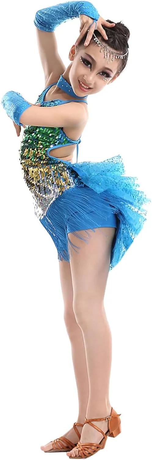 Girls Sequin Tassel Latin Dance Dress Sleeveless Fringe Flapper Dress Tutu Skirt Ballroom Rumba Performance Costume