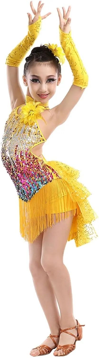 Girls Sequin Tassel Latin Dance Dress Sleeveless Fringe Flapper Dress Tutu Skirt Ballroom Rumba Performance Costume