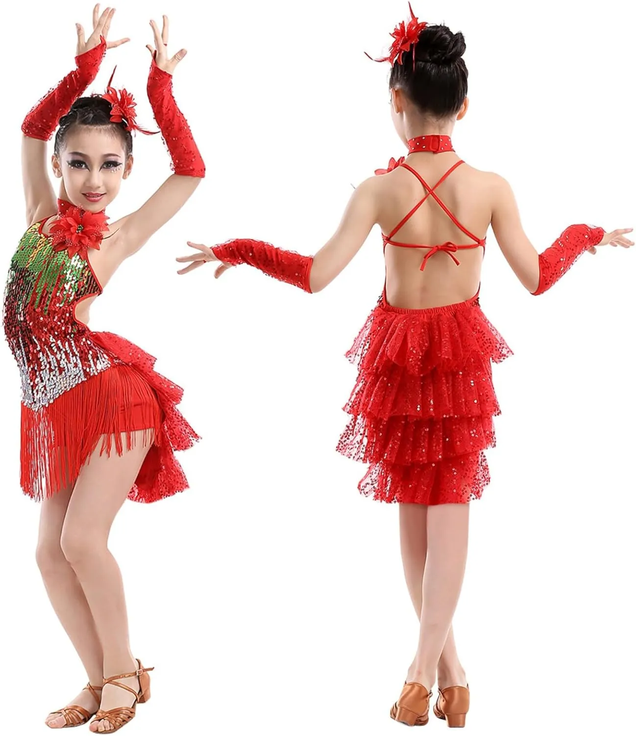 Girls Sequin Tassel Latin Dance Dress Sleeveless Fringe Flapper Dress Tutu Skirt Ballroom Rumba Performance Costume
