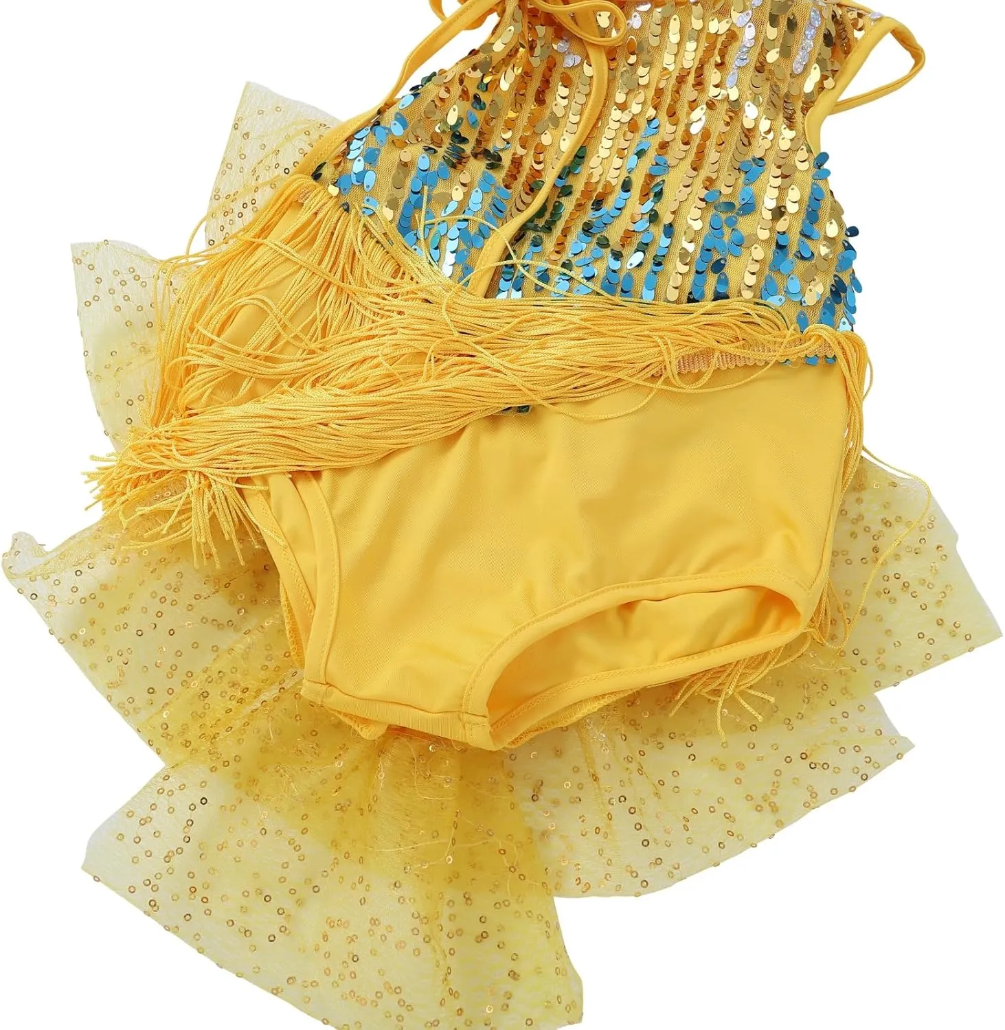 Girls Sequin Tassel Latin Dance Dress Sleeveless Fringe Flapper Dress Tutu Skirt Ballroom Rumba Performance Costume