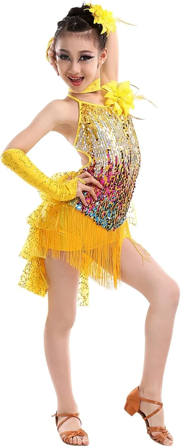 Girls Sequin Tassel Latin Dance Dress Sleeveless Fringe Flapper Dress Tutu Skirt Ballroom Rumba Performance Costume