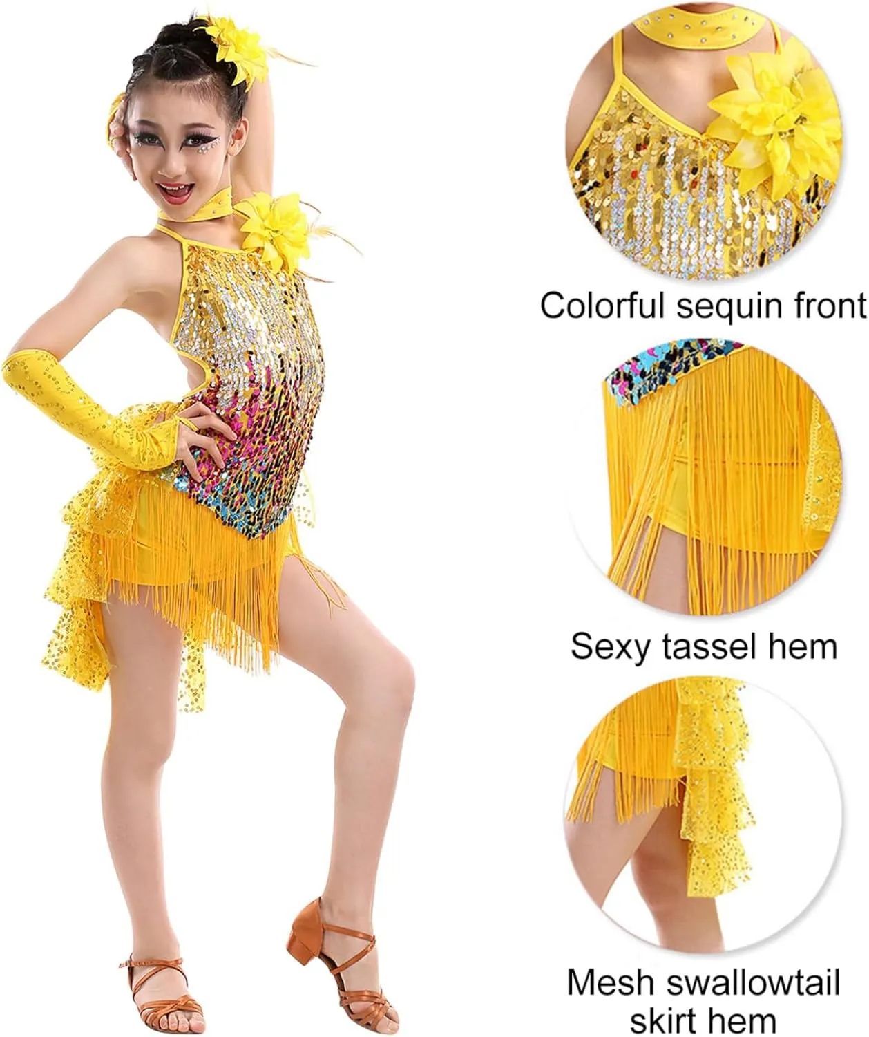 Girls Sequin Tassel Latin Dance Dress Sleeveless Fringe Flapper Dress Tutu Skirt Ballroom Rumba Performance Costume