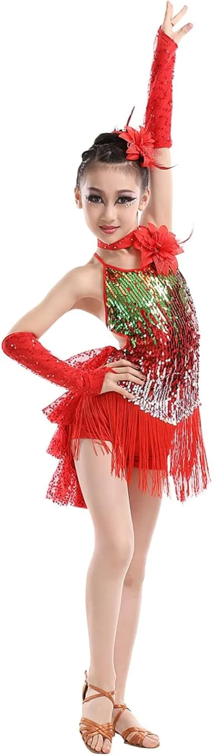Girls Sequin Tassel Latin Dance Dress Sleeveless Fringe Flapper Dress Tutu Skirt Ballroom Rumba Performance Costume