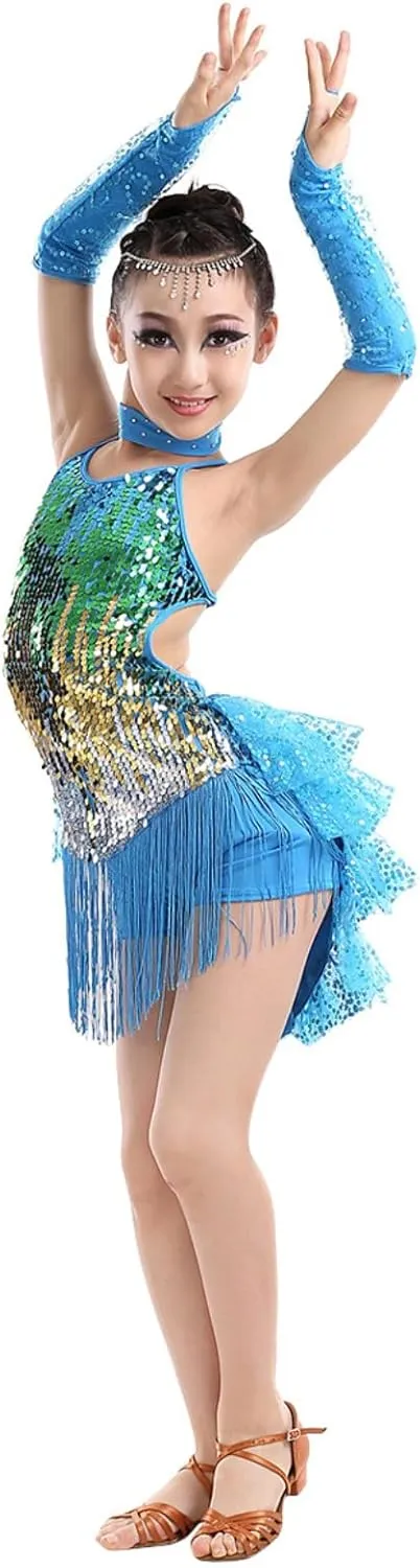 Girls Sequin Tassel Latin Dance Dress Sleeveless Fringe Flapper Dress Tutu Skirt Ballroom Rumba Performance Costume