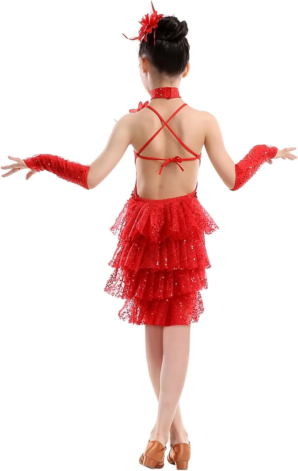 Girls Sequin Tassel Latin Dance Dress Sleeveless Fringe Flapper Dress Tutu Skirt Ballroom Rumba Performance Costume