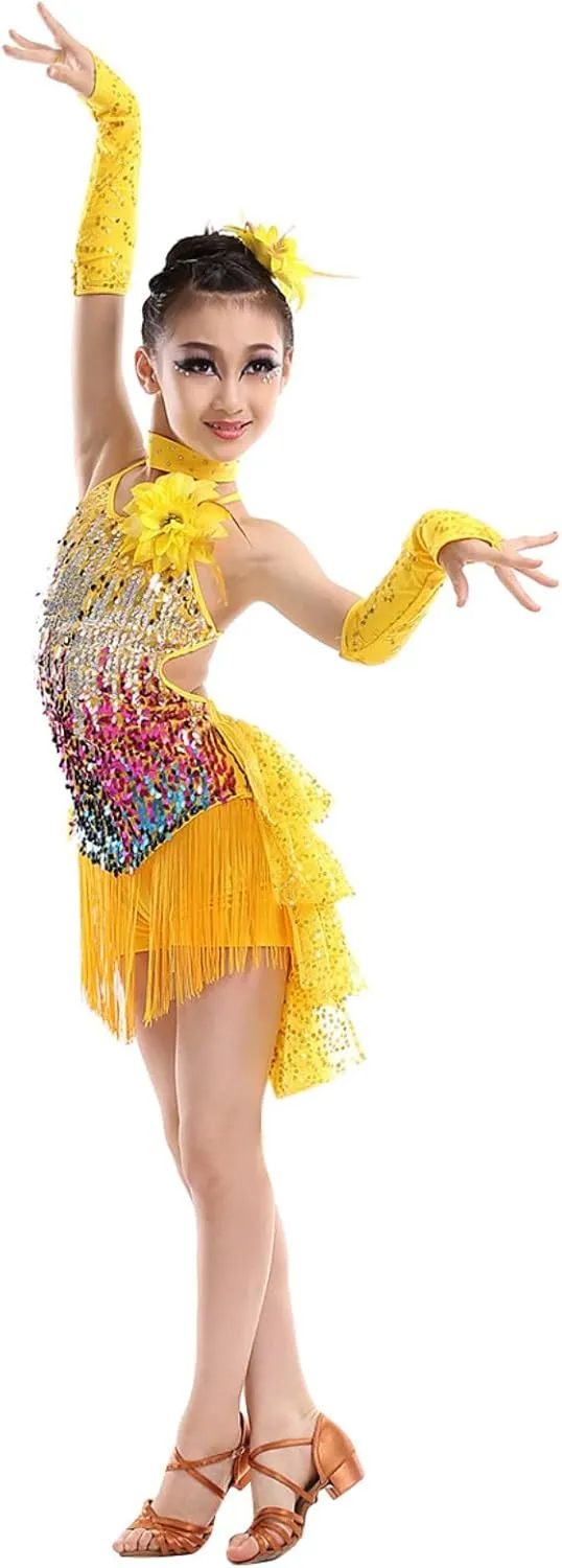 Girls Sequin Tassel Latin Dance Dress Sleeveless Fringe Flapper Dress Tutu Skirt Ballroom Rumba Performance Costume