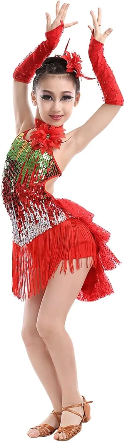 Girls Sequin Tassel Latin Dance Dress Sleeveless Fringe Flapper Dress Tutu Skirt Ballroom Rumba Performance Costume
