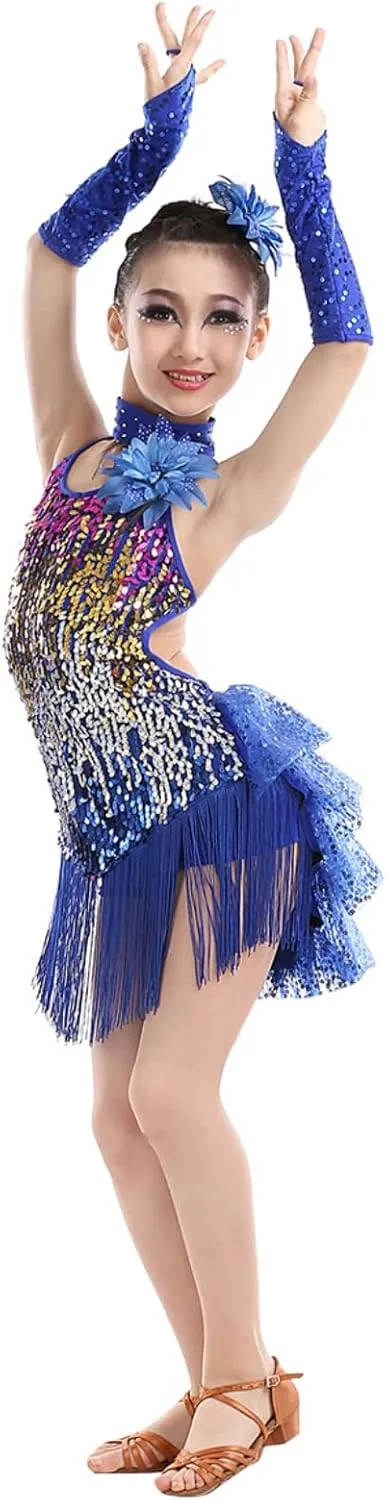 Girls Sequin Tassel Latin Dance Dress Sleeveless Fringe Flapper Dress Tutu Skirt Ballroom Rumba Performance Costume
