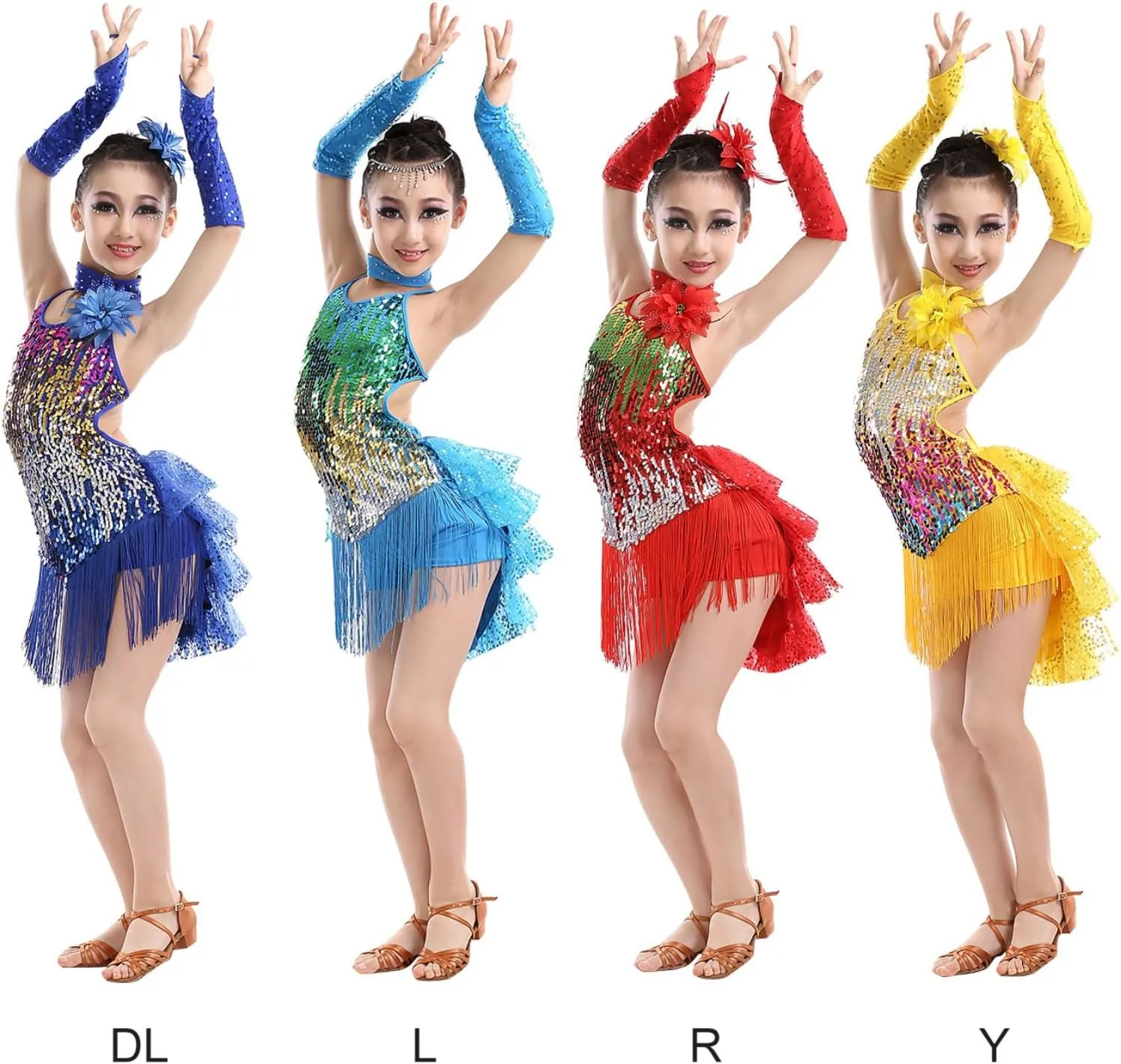 Girls Sequin Tassel Latin Dance Dress Sleeveless Fringe Flapper Dress Tutu Skirt Ballroom Rumba Performance Costume