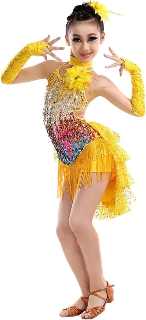 Girls Sequin Tassel Latin Dance Dress Sleeveless Fringe Flapper Dress Tutu Skirt Ballroom Rumba Performance Costume