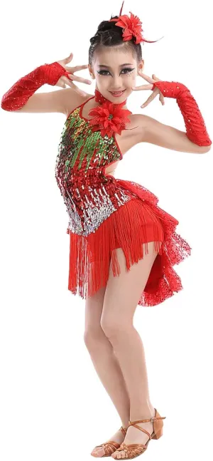 Girls Sequin Tassel Latin Dance Dress Sleeveless Fringe Flapper Dress Tutu Skirt Ballroom Rumba Performance Costume