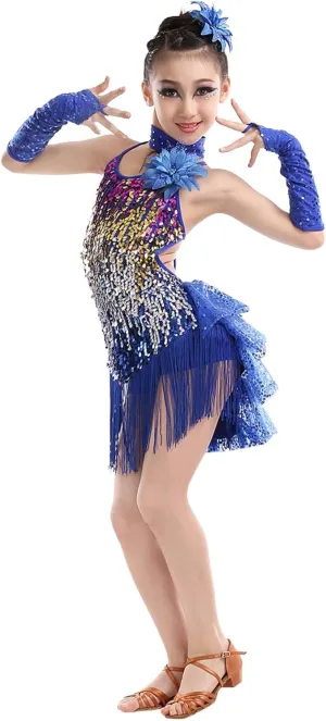 Girls Sequin Tassel Latin Dance Dress Sleeveless Fringe Flapper Dress Tutu Skirt Ballroom Rumba Performance Costume
