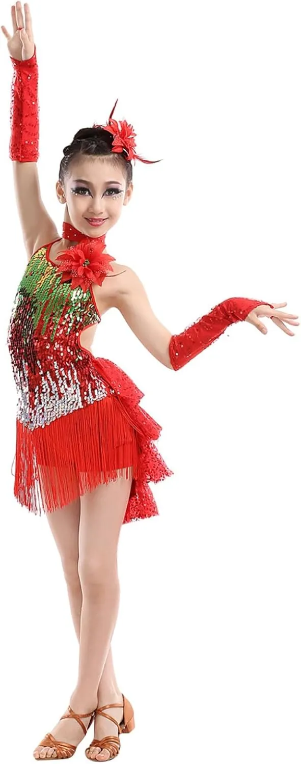 Girls Sequin Tassel Latin Dance Dress Sleeveless Fringe Flapper Dress Tutu Skirt Ballroom Rumba Performance Costume