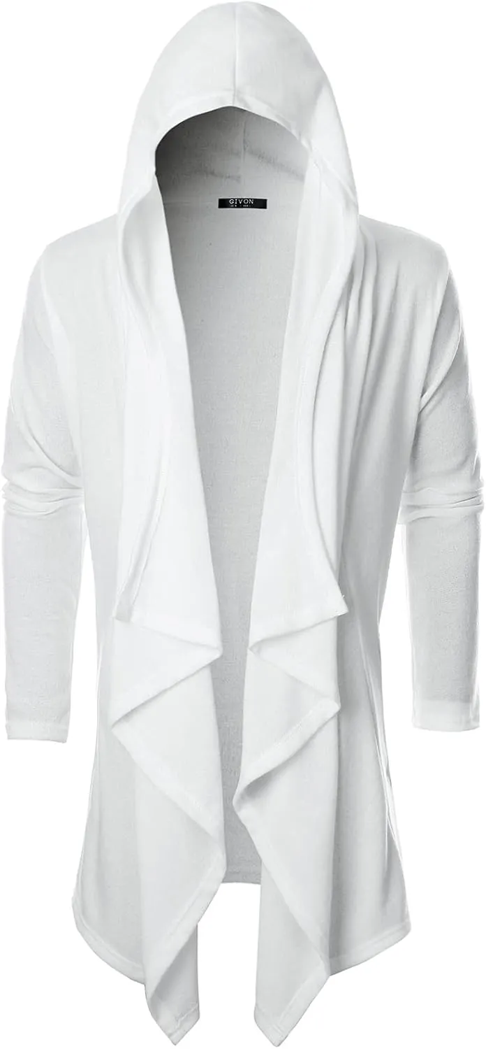 GIVON Mens Hooded Cardigan Ruffle Shawl Collar Drape Cape Overcoat with Pockets & Oversized Hood