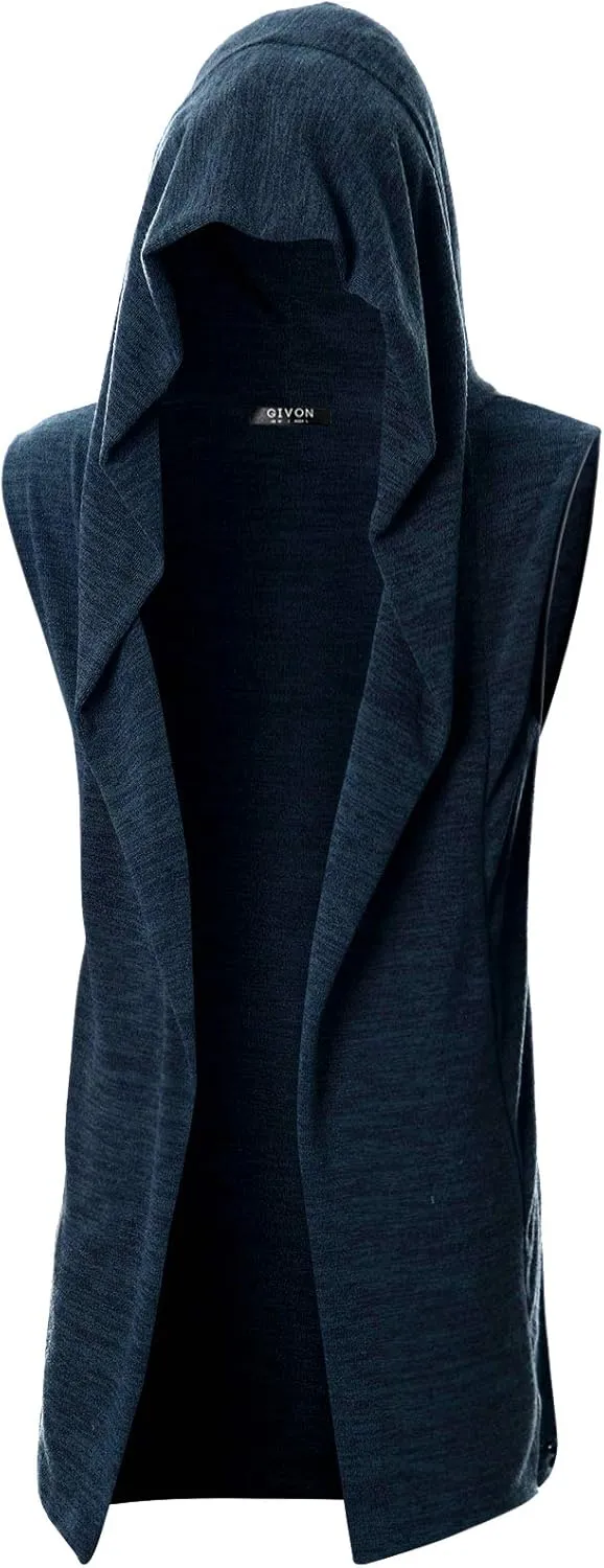 GIVON Mens Sleeveless Ruffle Shawl Collar Cardigan Lightweight Long Hooded Vest Sweater