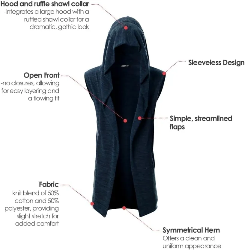 GIVON Mens Sleeveless Ruffle Shawl Collar Cardigan Lightweight Long Hooded Vest Sweater