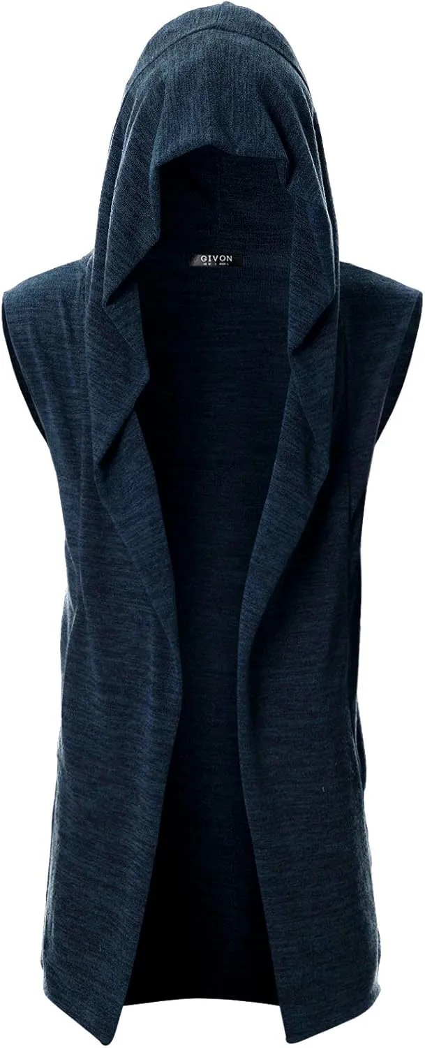GIVON Mens Sleeveless Ruffle Shawl Collar Cardigan Lightweight Long Hooded Vest Sweater
