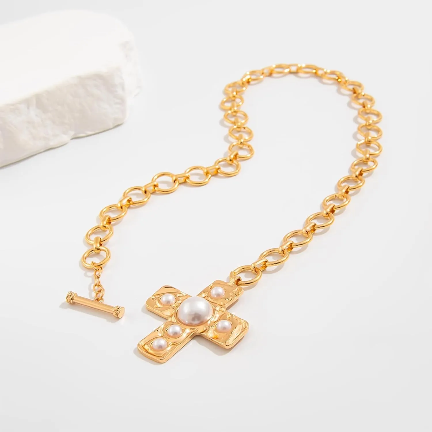 Gold Chunky Cross Necklace for Women Statement Necklace Pearl Cross Pendant Necklace Layered Hammered Bold Cross Necklace Vintage Toggle Clasp Necklace Jewelry
