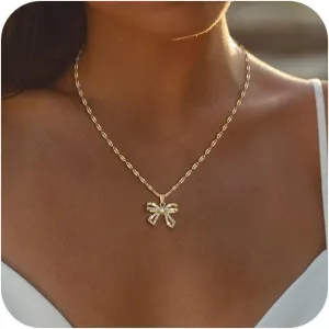 Gold/Silver Necklace For Women,Bow Necklace 14K Gold/Sterling Silver Plated Layered Cute Small Bow Pendant Choker Chain Necklace Dainty Necklaces For Women Gold Jewelry Gift