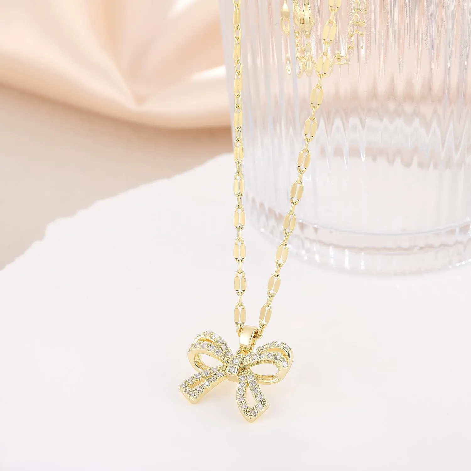 Gold/Silver Necklace For Women,Bow Necklace 14K Gold/Sterling Silver Plated Layered Cute Small Bow Pendant Choker Chain Necklace Dainty Necklaces For Women Gold Jewelry Gift