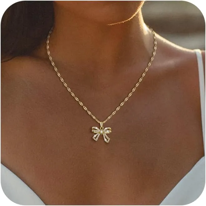 Gold/Silver Necklace For Women,Bow Necklace 14K Gold/Sterling Silver Plated Layered Cute Small Bow Pendant Choker Chain Necklace Dainty Necklaces For Women Gold Jewelry Gift