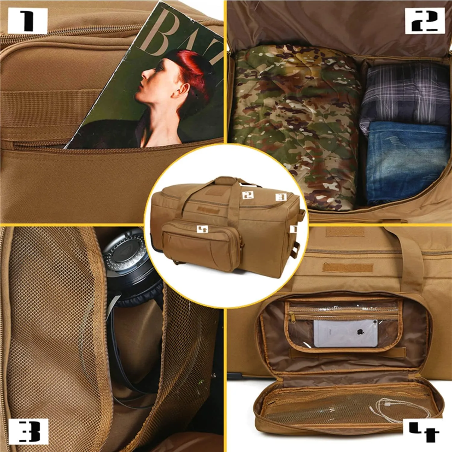 Greencity Duffel Bag Wheels Rolling Deployment Wheeled Military Suitcase Heavy-Duty Extra large deployment bag Capacity 32 InchCoyote