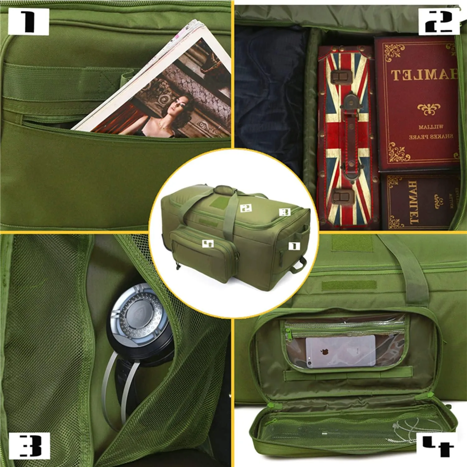 Greencity Duffel Bag Wheels Rolling Deployment Wheeled Military Suitcase Heavy-Duty Extra large deployment bag Capacity 32 InchGreen