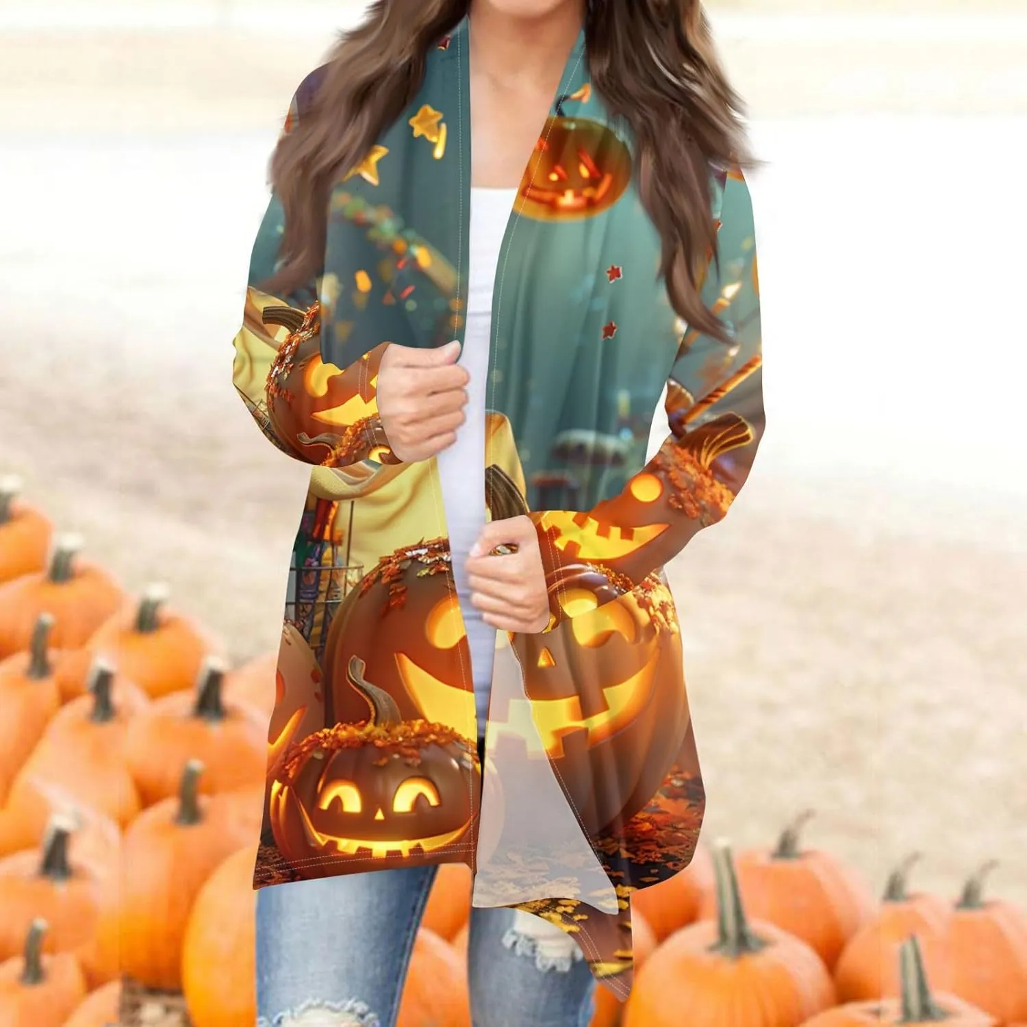 Halloween Cardigan Lightweight Long Sleeve Open Front Halloween Printed Oversized Cardigans for Women Fall Cardigan