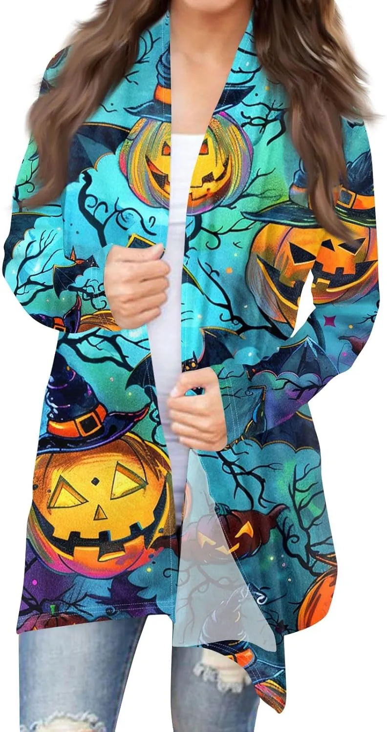 Halloween Cardigan Lightweight Long Sleeve Open Front Halloween Printed Oversized Cardigans for Women Fall Cardigan