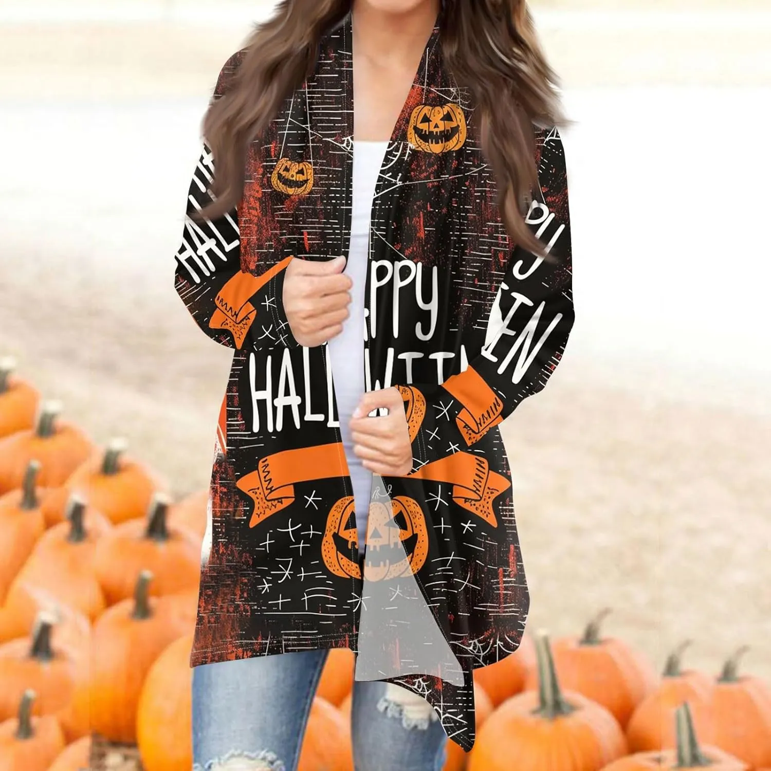 Halloween Cardigan Lightweight Long Sleeve Open Front Halloween Printed Oversized Cardigans for Women Fall Cardigan
