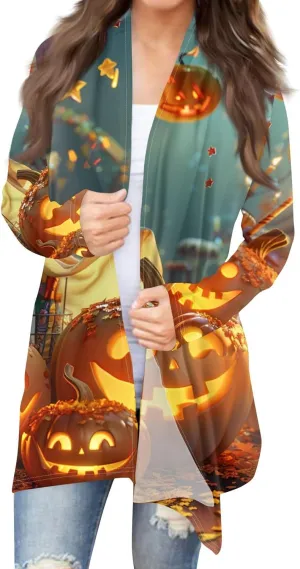 Halloween Cardigan Lightweight Long Sleeve Open Front Halloween Printed Oversized Cardigans for Women Fall Cardigan
