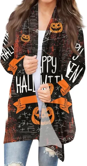 Halloween Cardigan Lightweight Long Sleeve Open Front Halloween Printed Oversized Cardigans for Women Fall Cardigan
