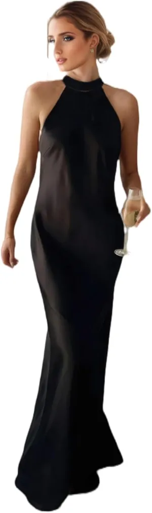 Halter Bow Tie Back Evening Gown for Women Halterneck Sleeveless Dresses