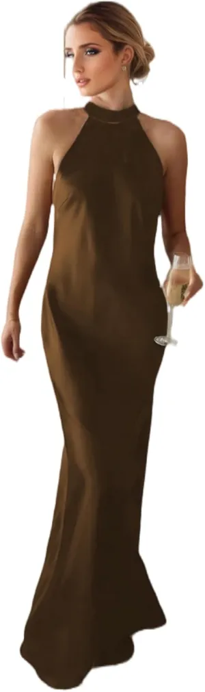 Halter Bow Tie Back Evening Gown for Women Halterneck Sleeveless Dresses