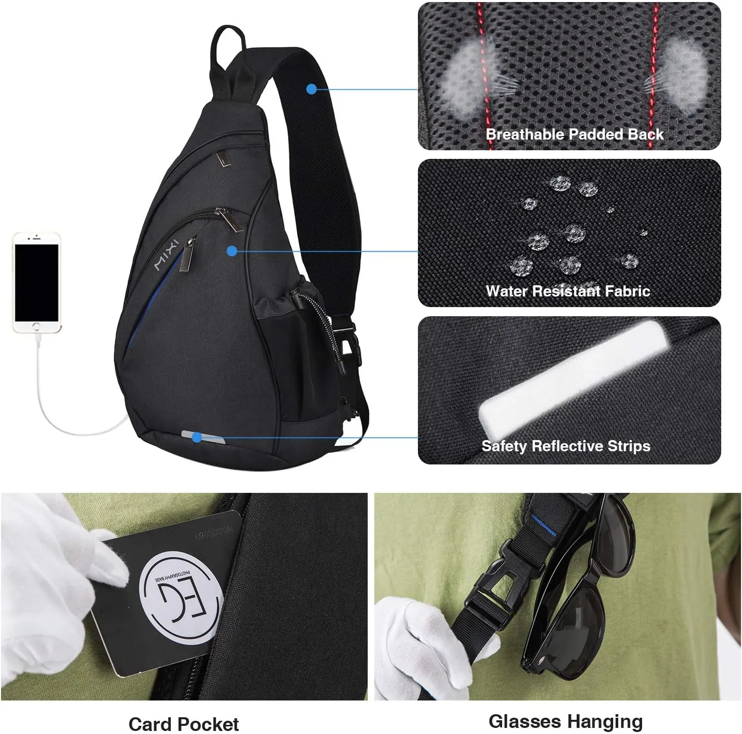 Hanke Sling Bag Men Backpack Unisex One Shoulder Bag Hiking Travel Backpack Crossbody with USB Port Versatile Casual Daypack