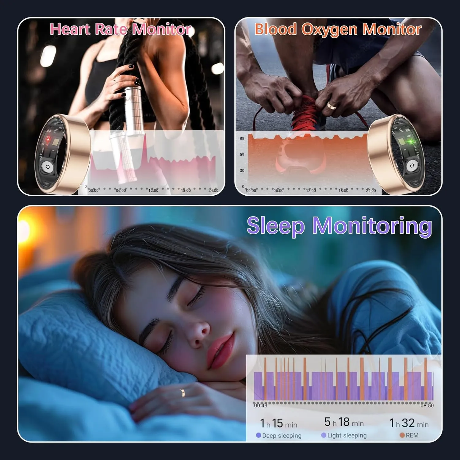 Health Rings for Women Men, Fitness Tracker with Heart Rate,Blood Oxygen, Blood Pressure, Sleep Tracker, Step Tracker, No Subscription Fee, IP68 Waterproof Smart Ring for iphone & Android (Gold 10#)