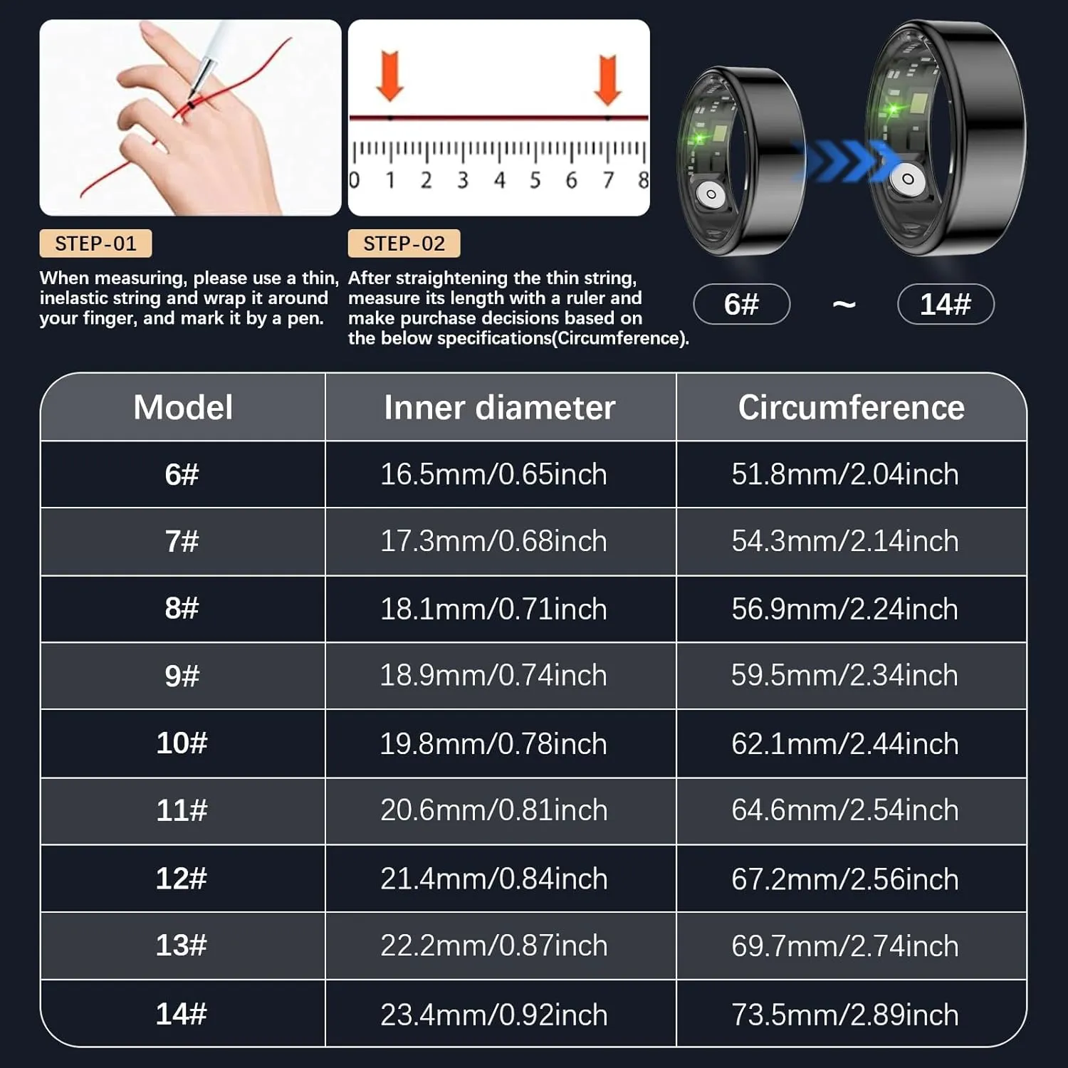 Health Tracker Ring, Smart Health Ring for Women Men with Heart Rate, Blood Oxygen, Sleep Monitor, Steps,Calories, No Subscription Fee, IP68 Waterproof Smart Ring for iPhone & Android (Black, 13#)
