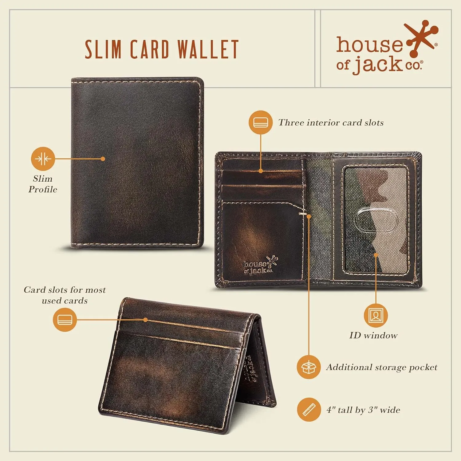 House of Jack Co. Slim Card Wallet for Men, Minimalist Front Pocket, Small Bifold Card Holder, Full Grain Cowhide Leather Walelt, Black