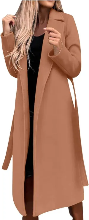 Hvyesh Womens Wool Trench Pea Coats 2024 Winter Jackets Trendy Notch Lapel Double Breasted Mid Long Warm Jacket Overcoat