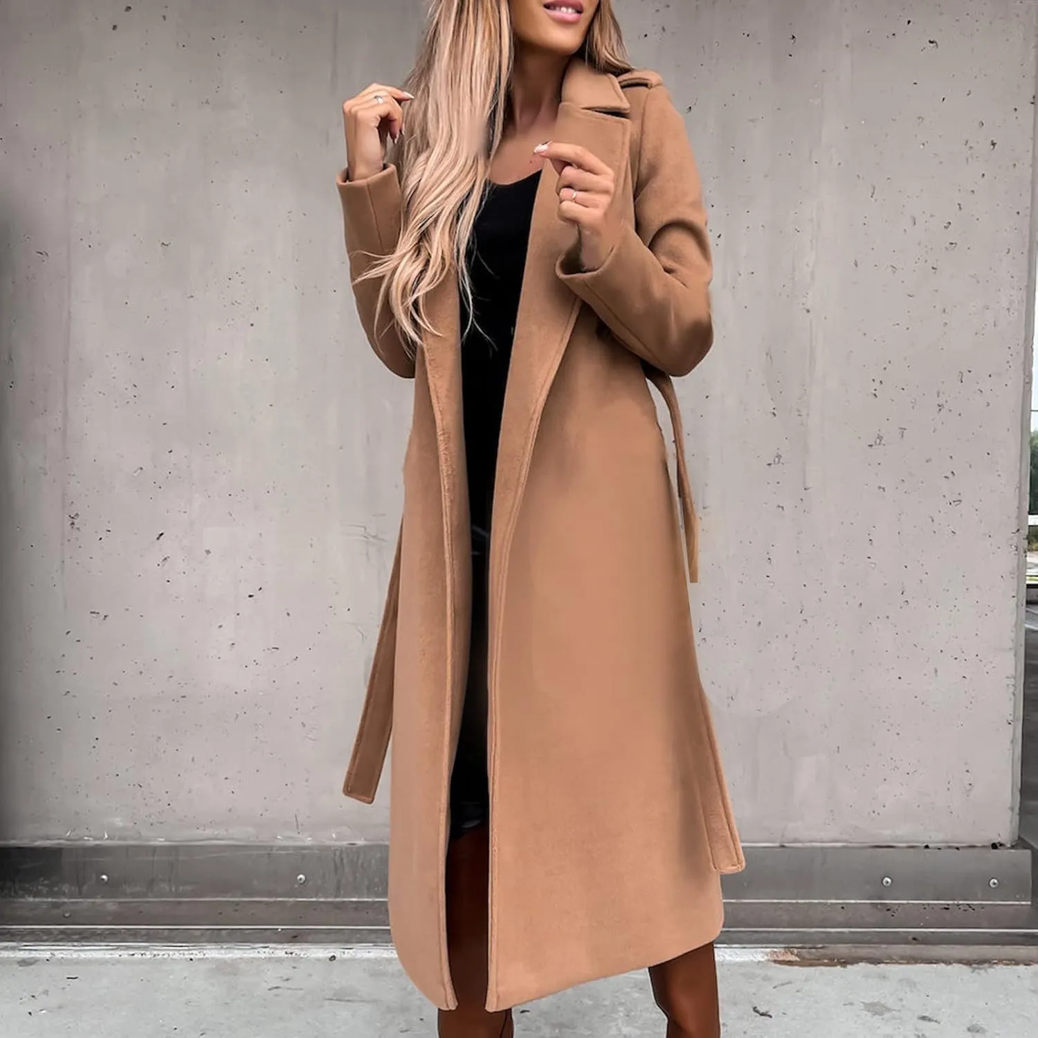 Hvyesh Womens Wool Trench Pea Coats 2024 Winter Jackets Trendy Notch Lapel Double Breasted Mid Long Warm Jacket Overcoat