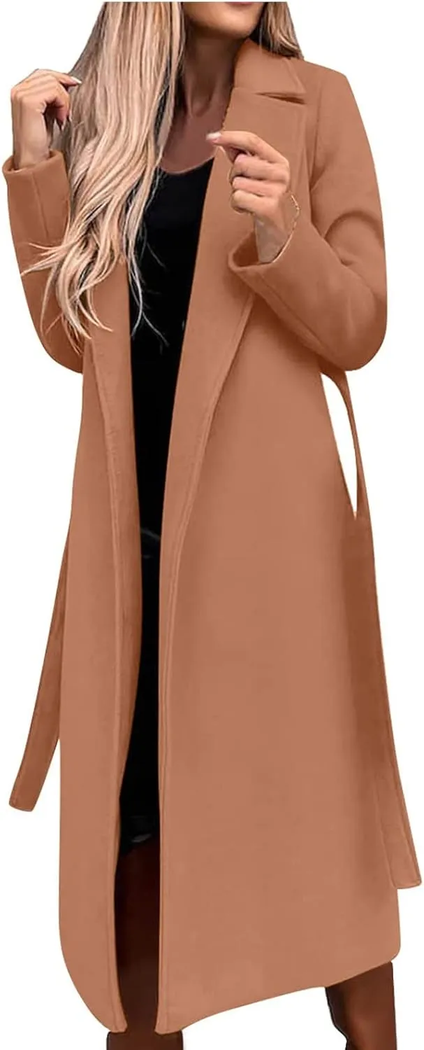 Hvyesh Womens Wool Trench Pea Coats 2024 Winter Jackets Trendy Notch Lapel Double Breasted Mid Long Warm Jacket Overcoat