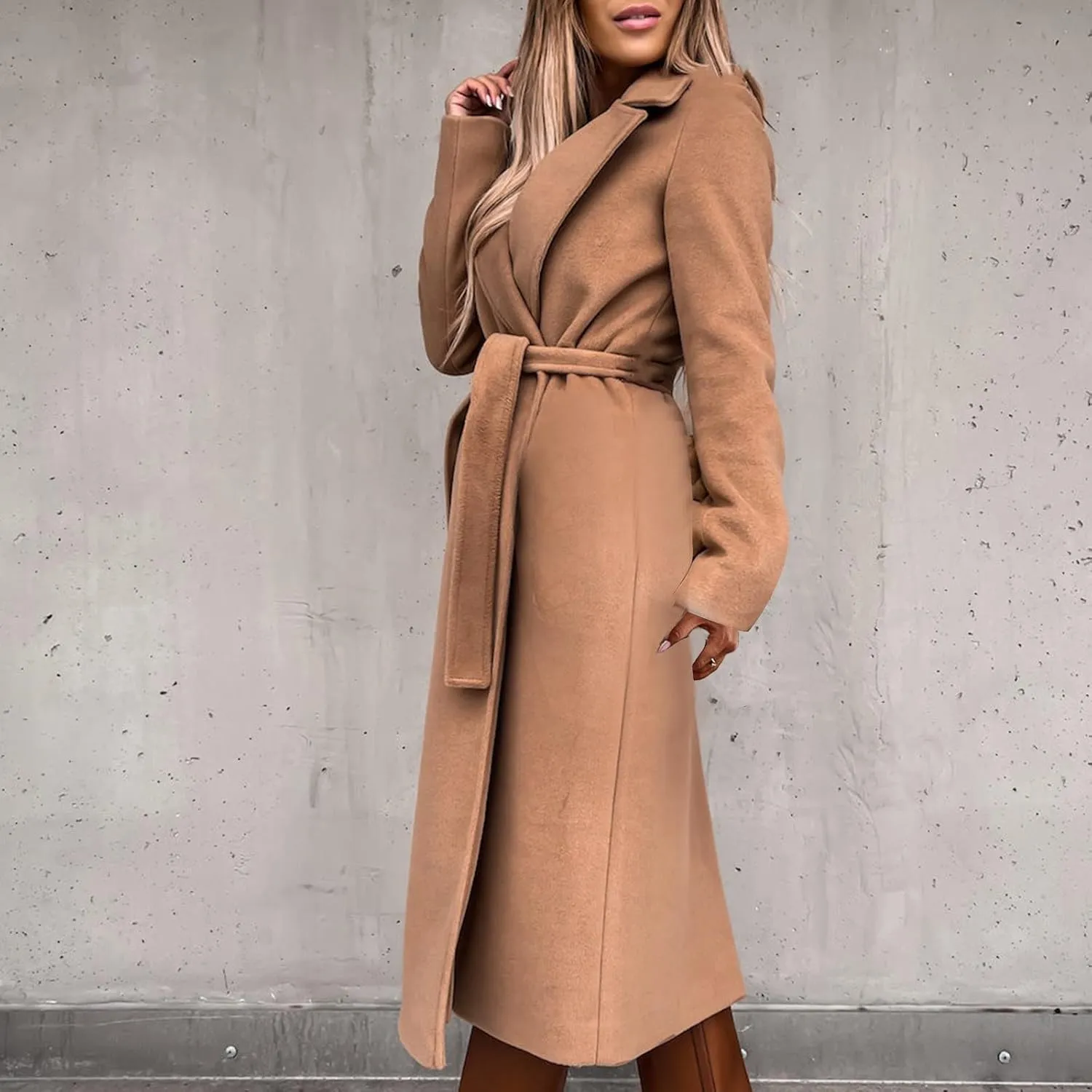 Hvyesh Womens Wool Trench Pea Coats 2024 Winter Jackets Trendy Notch Lapel Double Breasted Mid Long Warm Jacket Overcoat