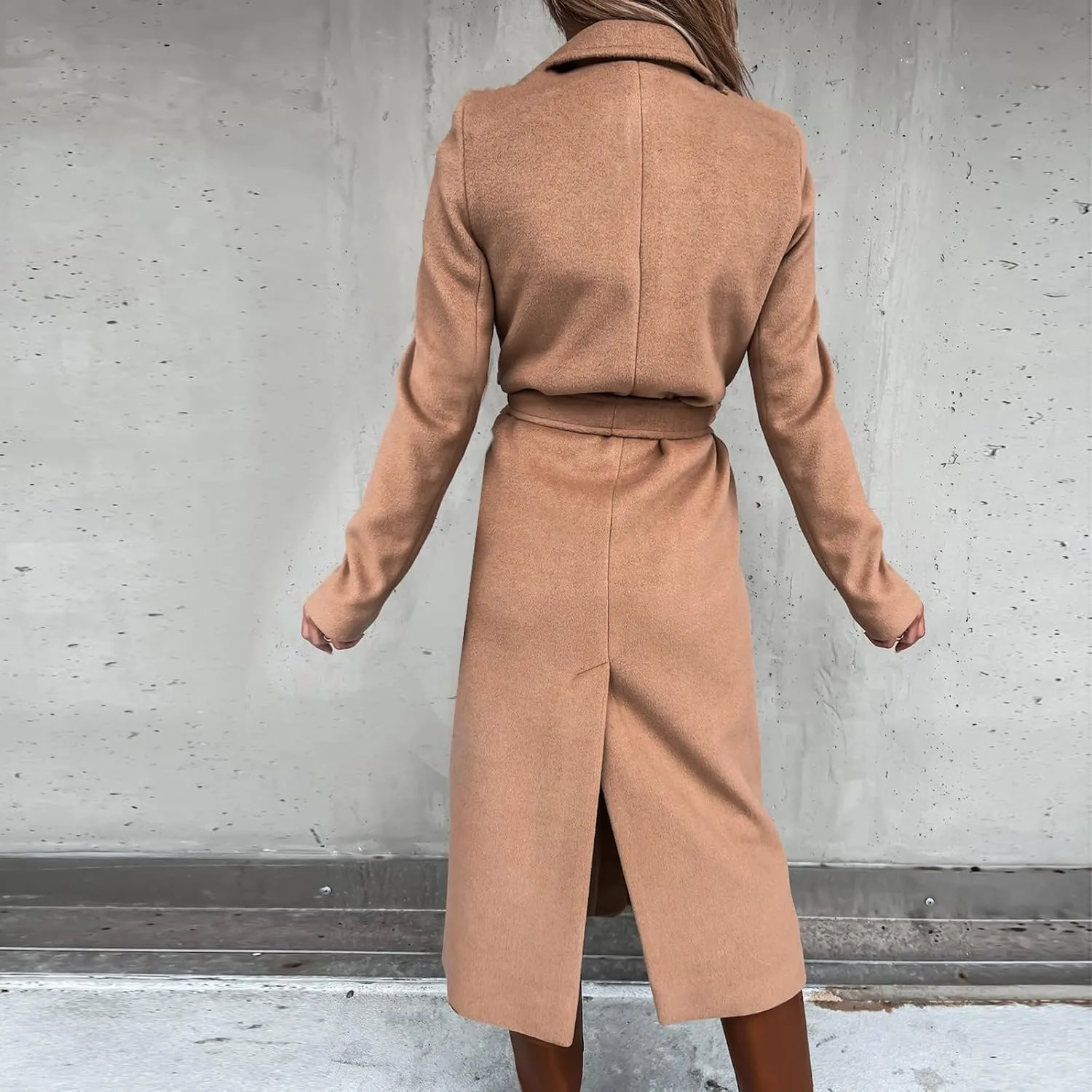 Hvyesh Womens Wool Trench Pea Coats 2024 Winter Jackets Trendy Notch Lapel Double Breasted Mid Long Warm Jacket Overcoat