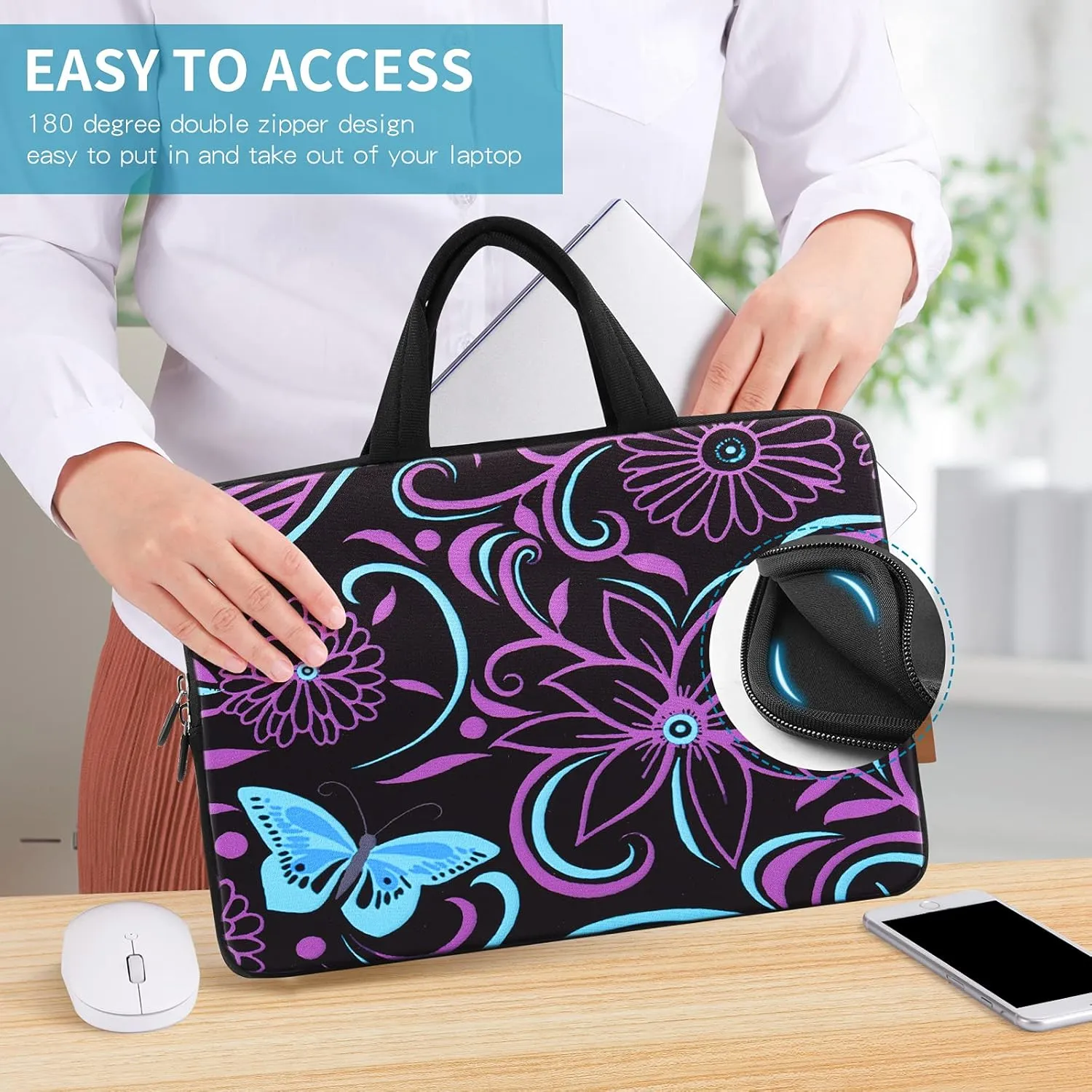 iColor 11.6 12 12.1 12.2 Inch Laptop Carrying Case - Protective Notebook/Netbook Sleeve Bag Pouch - Travel Briefcase with Handle(Blue Butterfly and Purple Flower)