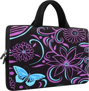 iColor 11.6 12 12.1 12.2 Inch Laptop Carrying Case - Protective Notebook/Netbook Sleeve Bag Pouch - Travel Briefcase with Handle(Blue Butterfly and Purple Flower)