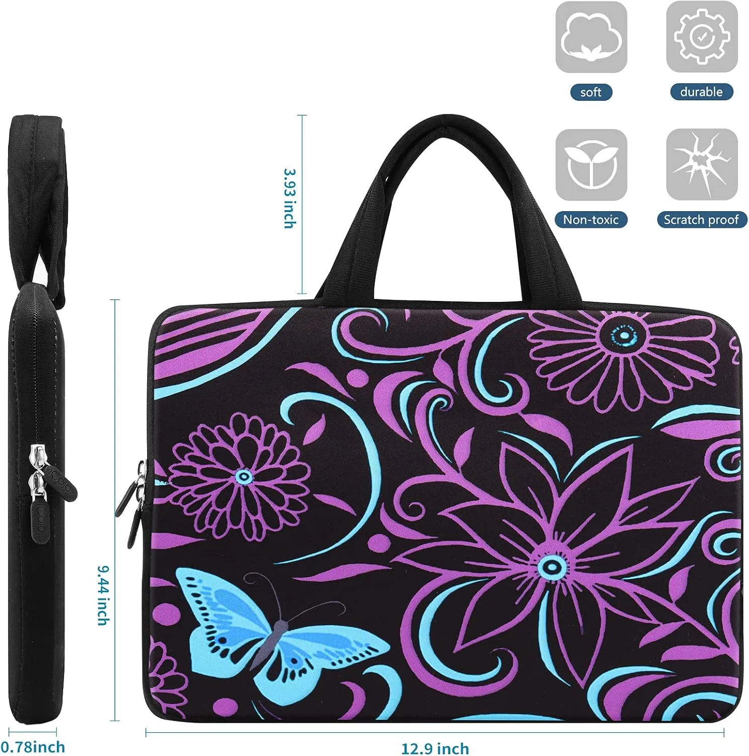 iColor 11.6 12 12.1 12.2 Inch Laptop Carrying Case - Protective Notebook/Netbook Sleeve Bag Pouch - Travel Briefcase with Handle(Blue Butterfly and Purple Flower)