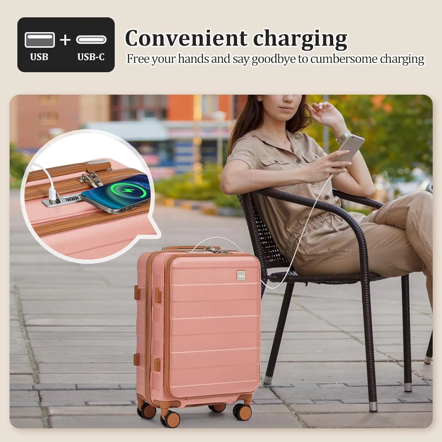 imiomo Carry on Luggage Airline Approved with TSA Lock, Hard Shell 20 Inch Travel Carry-on Suitcase with Spinner Wheels and Charging Port, Pink