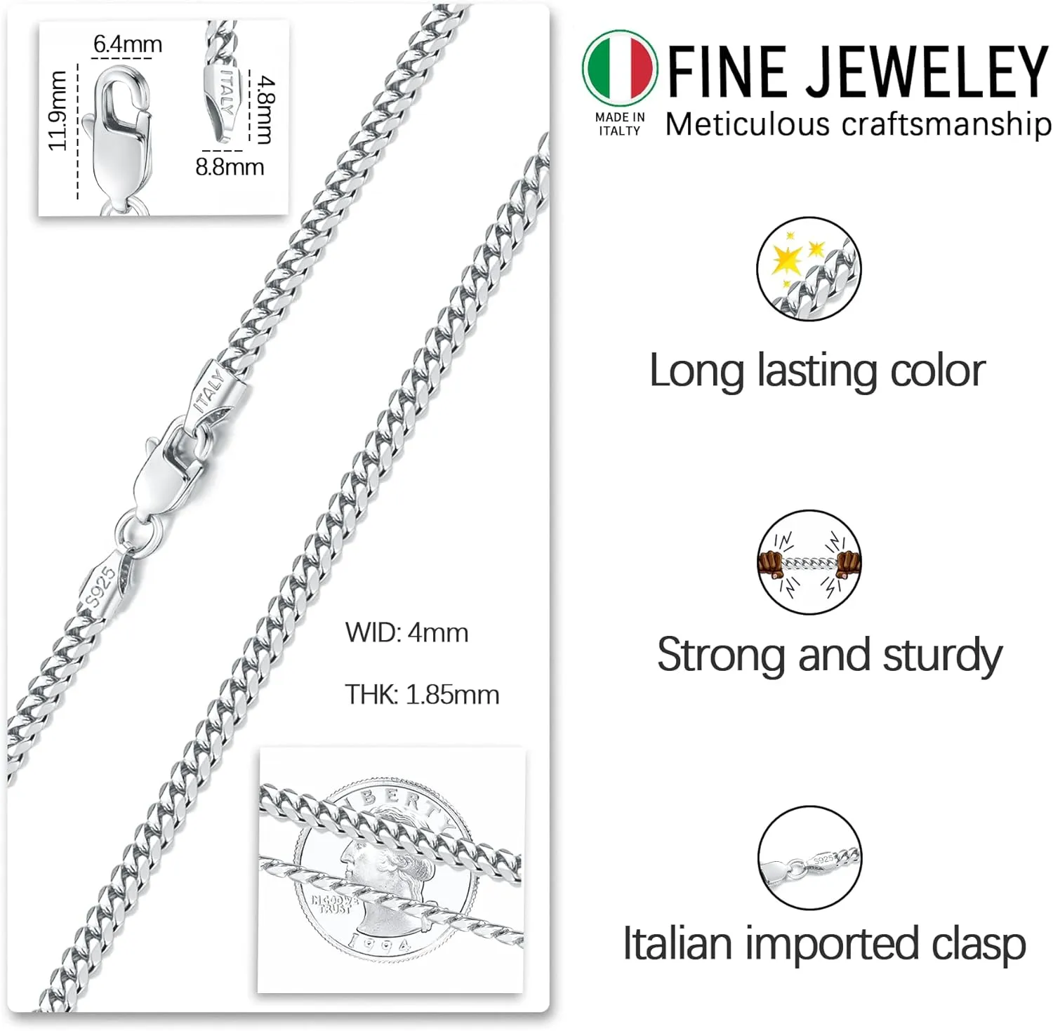 Italian Solid 18k Gold Over 925 Sterling Silver Chain Necklace for Men, 4mm Diamond Cut Cuban Chain for Men Boys Women, Sturdy & Shiny & Not Easy to Fade & Comfortable 16 18 20 22 24 26 Inch
