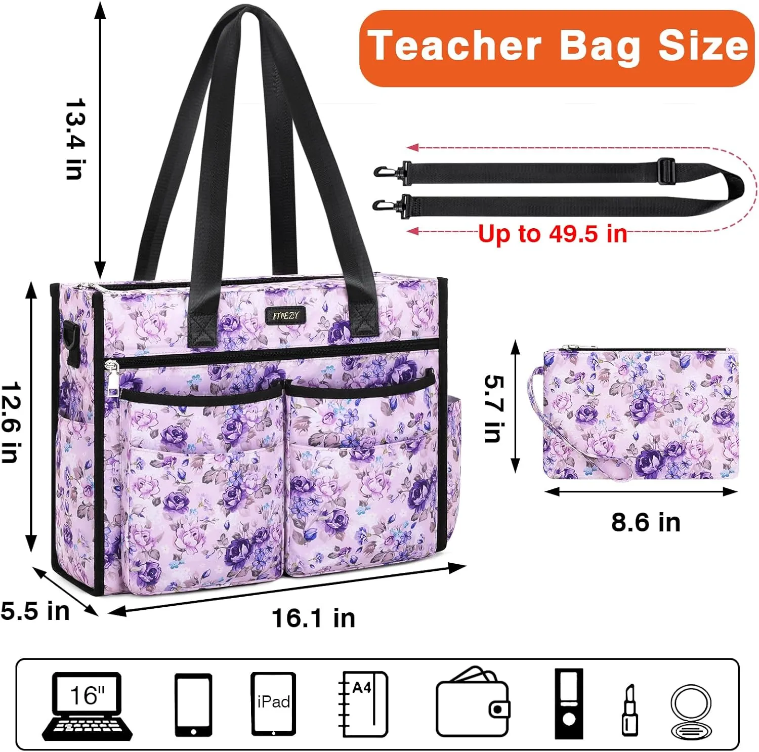 ITIEZY Utility Tote Bag for Women with 15/18 Pockets - Large Teacher Tote Bag with Zipper Compartment Nurse Bags for Work