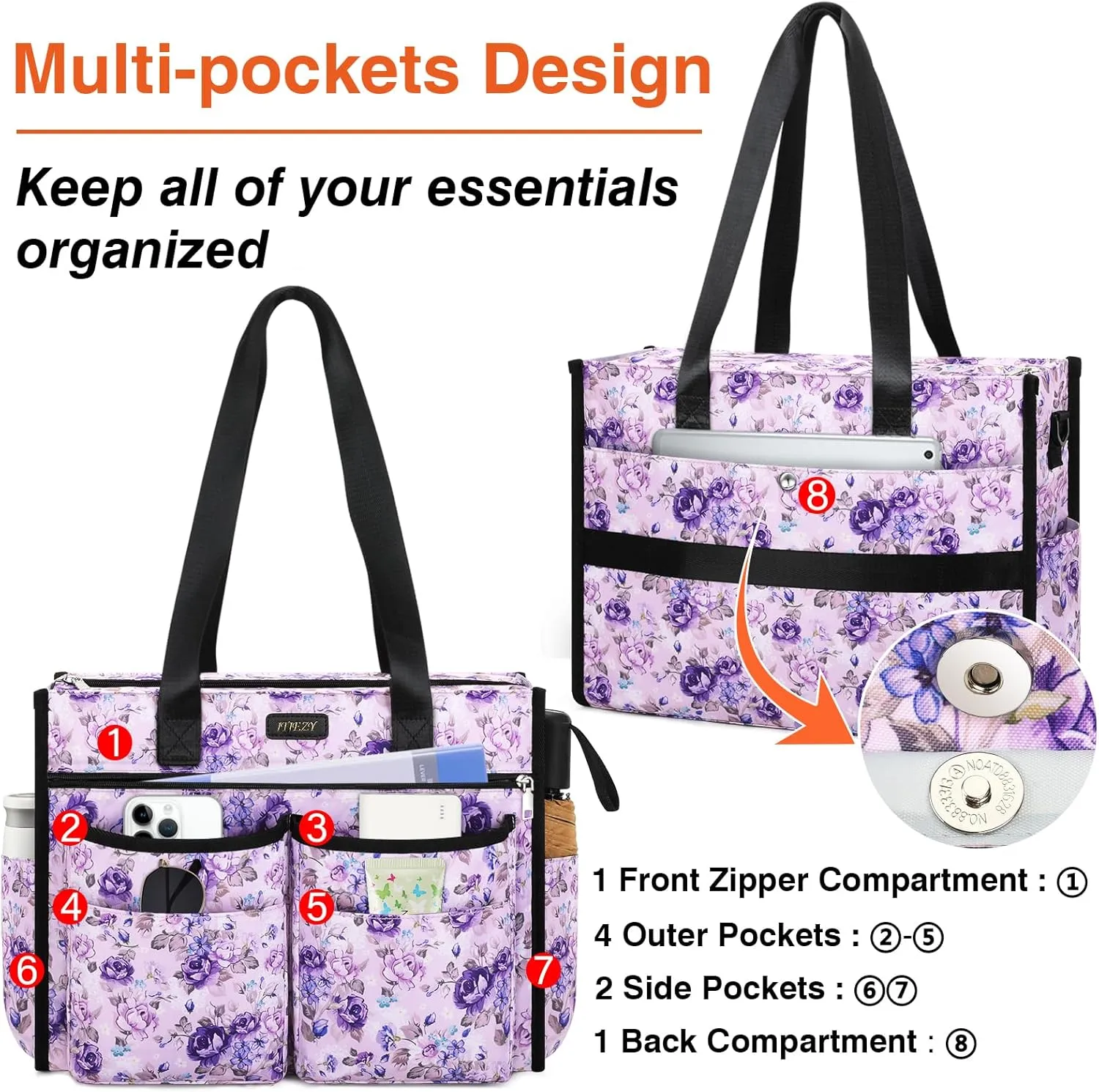 ITIEZY Utility Tote Bag for Women with 15/18 Pockets - Large Teacher Tote Bag with Zipper Compartment Nurse Bags for Work